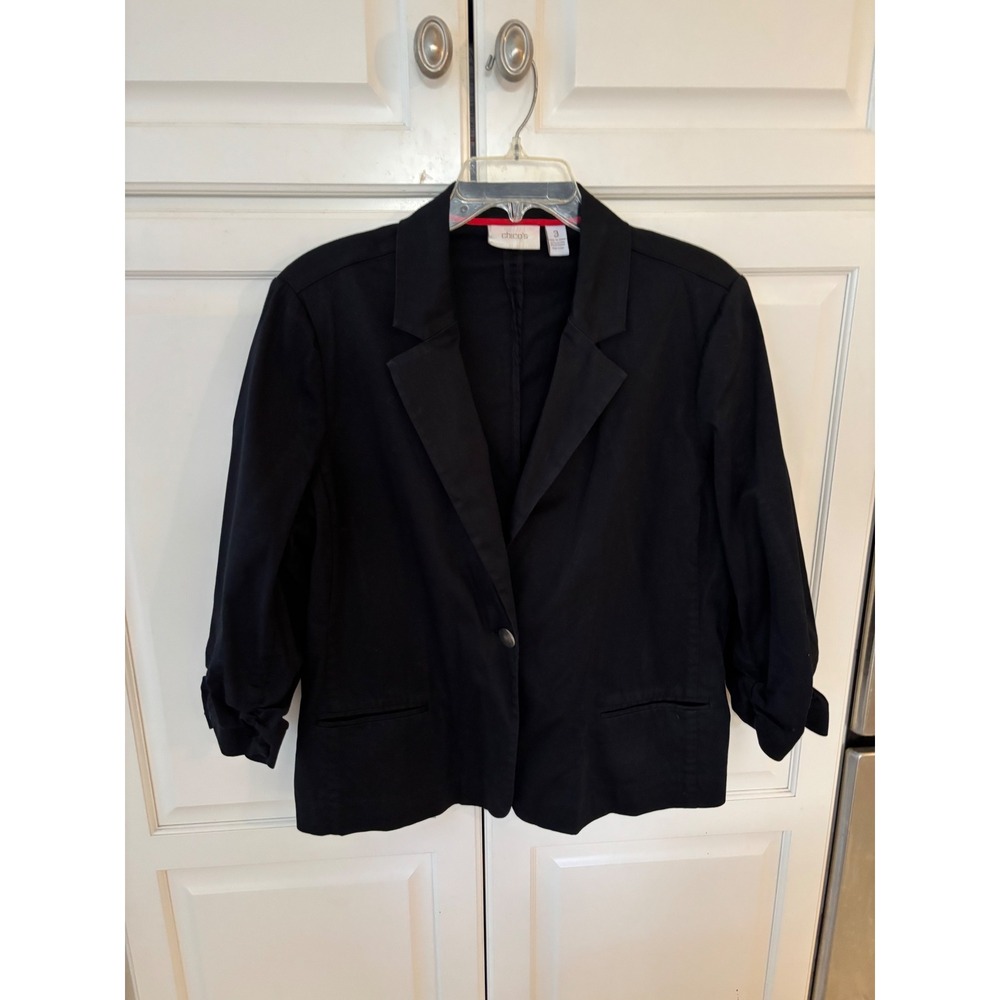 Chicos Black Ruched 3/4 Sleeve Single Button Blazer Jacket Size 3 Large XL